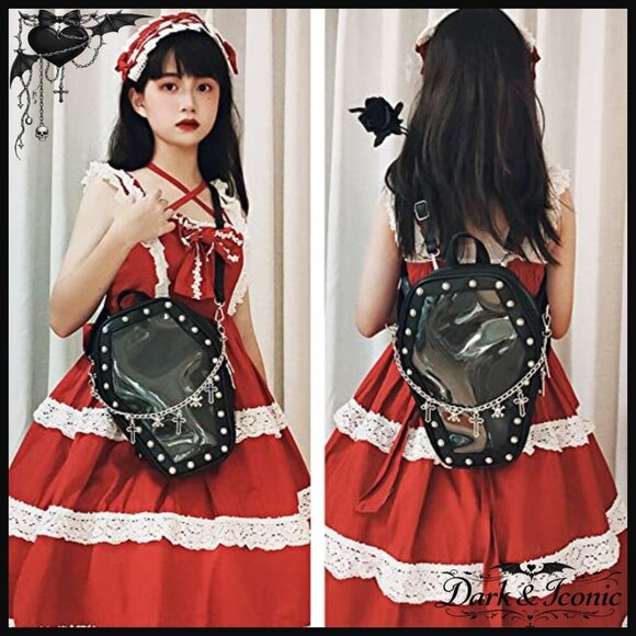 Gothic Coffin Shape Vegan Leather Backpack with 3 Inserts, Adjustable Straps